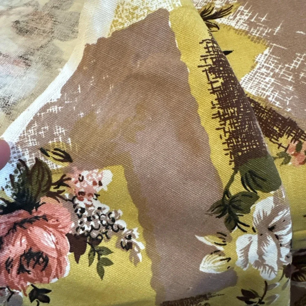 VTG Fabric 2‎ 1/2 Yards Floral & Checks Browns Yellow Rose Cotton Decor Canvas